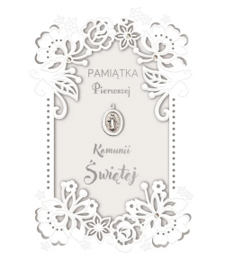 Kartka na Komunię z medalikiem, ażurowa KPAS160