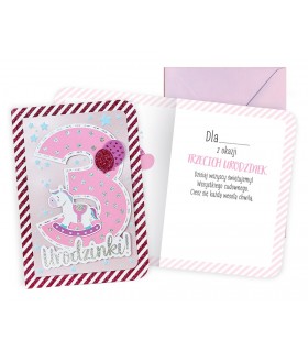 Kartka na 3 urodzinki zdobiona brokatem DK986