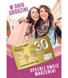 Kartka na 30 urodziny z Platynową kartą kredytowa VIP GIFT169
