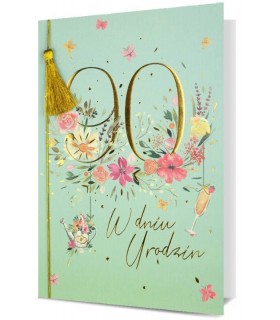 Kartka na 90 urodziny pięknie zdobiona złotą wstążką H2965