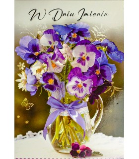 Kartka z okazji imienin przestrzenna, piękny bukiet bratków M922