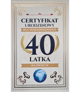 Kartka na czterdziestkę dla Faceta, z certyfikatem  JCX105