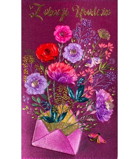 Kartka na urodziny z życzeniami, metaliczne zdobienia A6461B