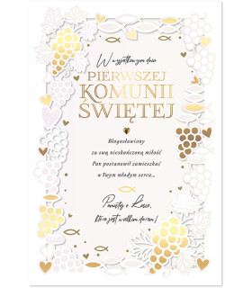 Kartka Komunijna pięknie zdobiona złoceniami, duża KPE237