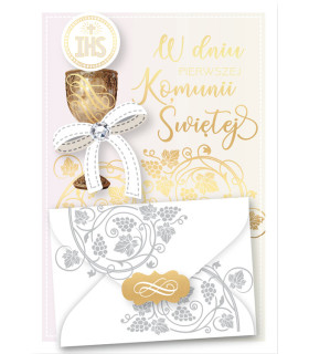 Kartka Komunijna z kopertą zdobiona złoceniami DK1240