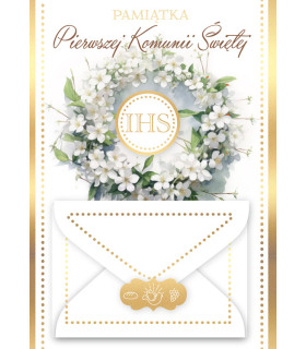 Kartka na Komunię z kopertką zdobiona złoceniami DK1241