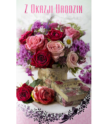 Kartka urodzinowa z życzeniami, z bukietem róż A6392