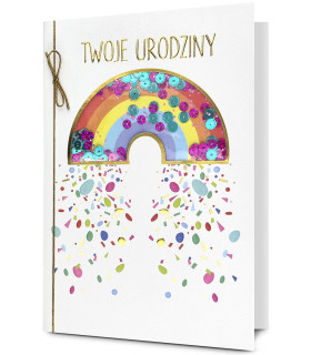 Kartka urodzinowa, tęczowa zdobiona z konfetti HM3276