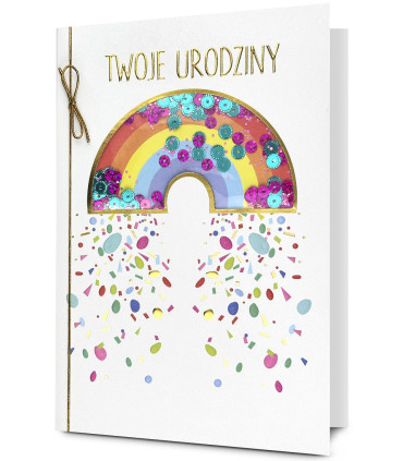 Kartka urodzinowa, tęczowa zdobiona z konfetti HM3276