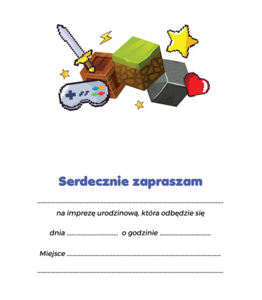 Zaproszenie na urodziny minecraft komplet 10 szt. z kopertami ZAY13