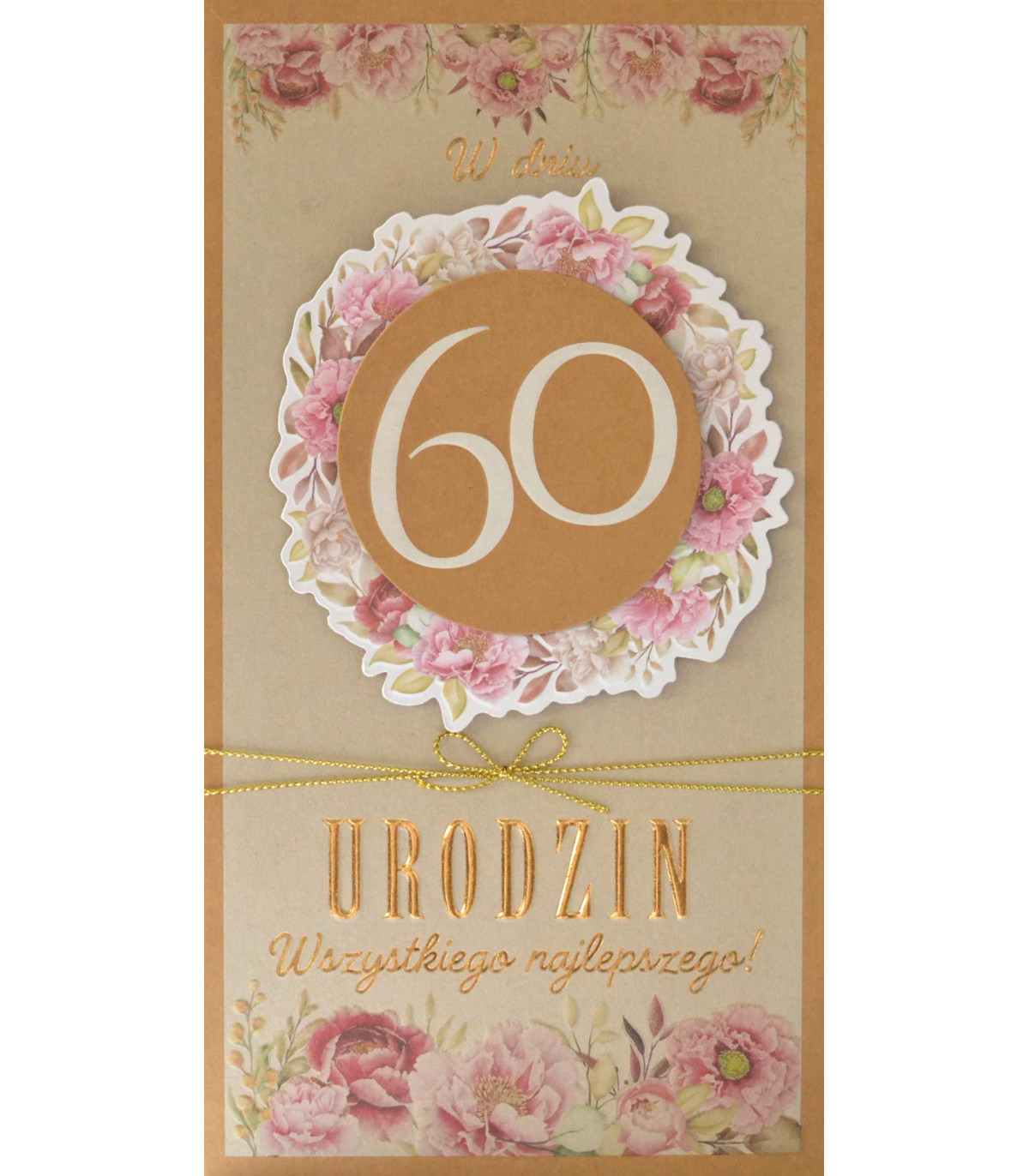 Kartka z okazji 60 urodzin zdobiona złotą wstążeczką PM417