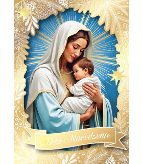 Kartka Religijna na Święta, pięknie zdobiona złoceniami DK1359