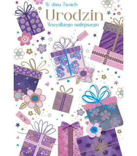 Kartka na Urodziny z życzeniami, pełna prezentów DK1392