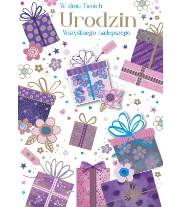 Kartka na Urodziny z życzeniami, pełna prezentów DK1392