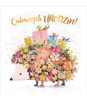 Kartka na urodziny z jeżykiem, pięknie zdobiona KWA5