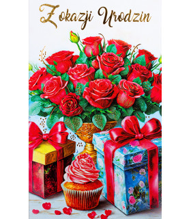 Kartka urodzinowa z życzeniami, bukiet róż A1108