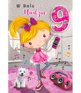 Kartka na 9 urodziny dla Dziewczynki, pięknie zdobiona M1099