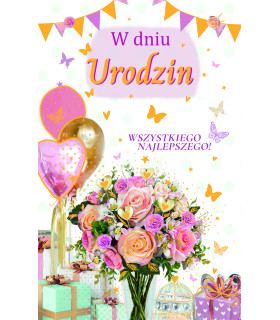 Kartka urodzinowa z życzeniami, zdobiona złoceniami U180